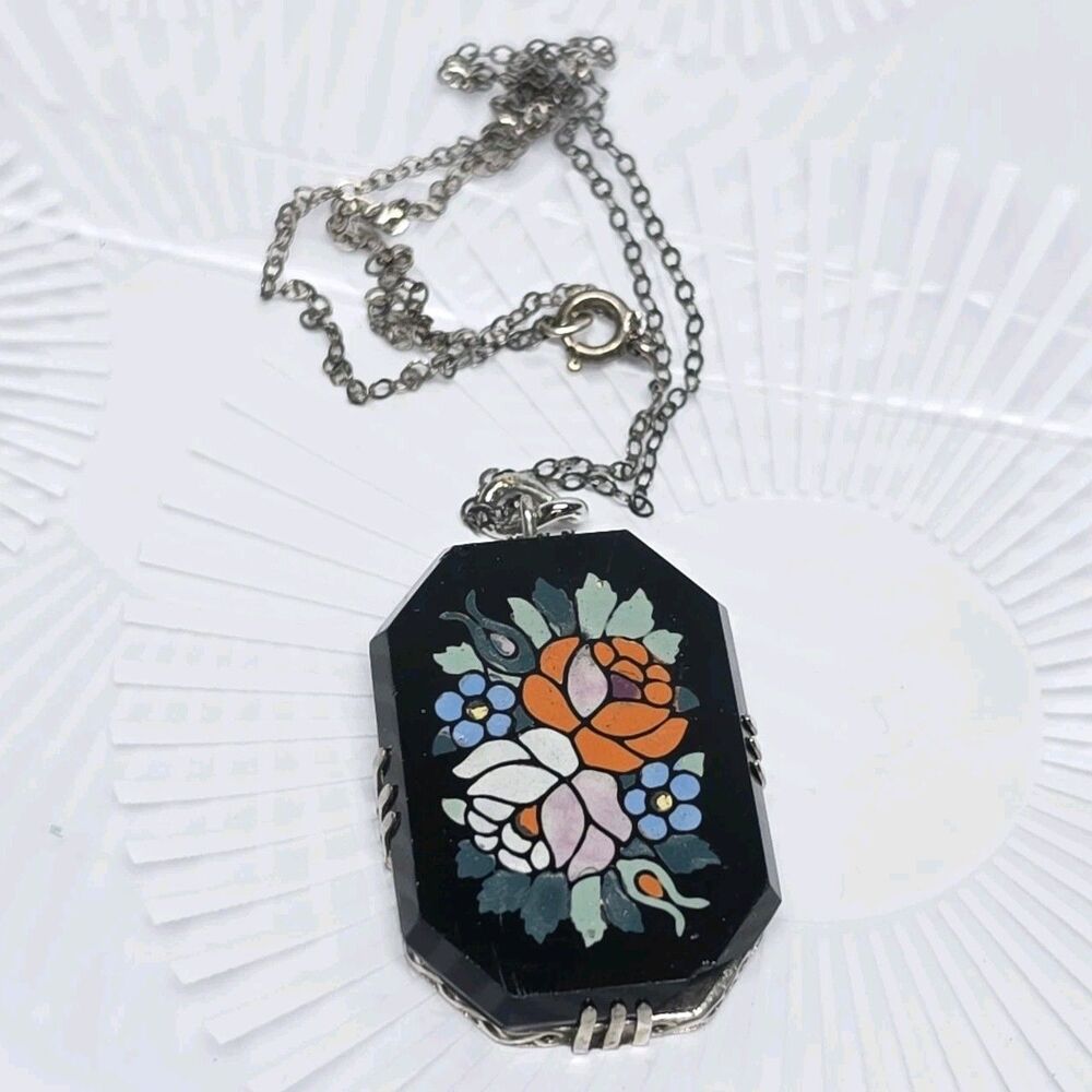 VTG Mosaic Stone Inlay Pietra Dura Style Pendant Necklace Sterling Silver Chain
